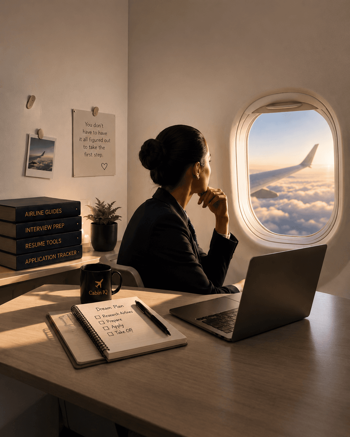 Aspiring flight attendant looking out an airplane window, planning her career